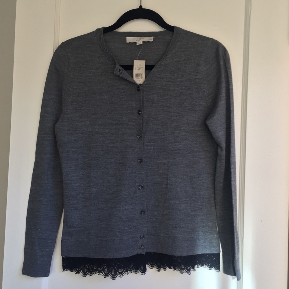 NWT - LOFT Cardigan with Black Lace Hem